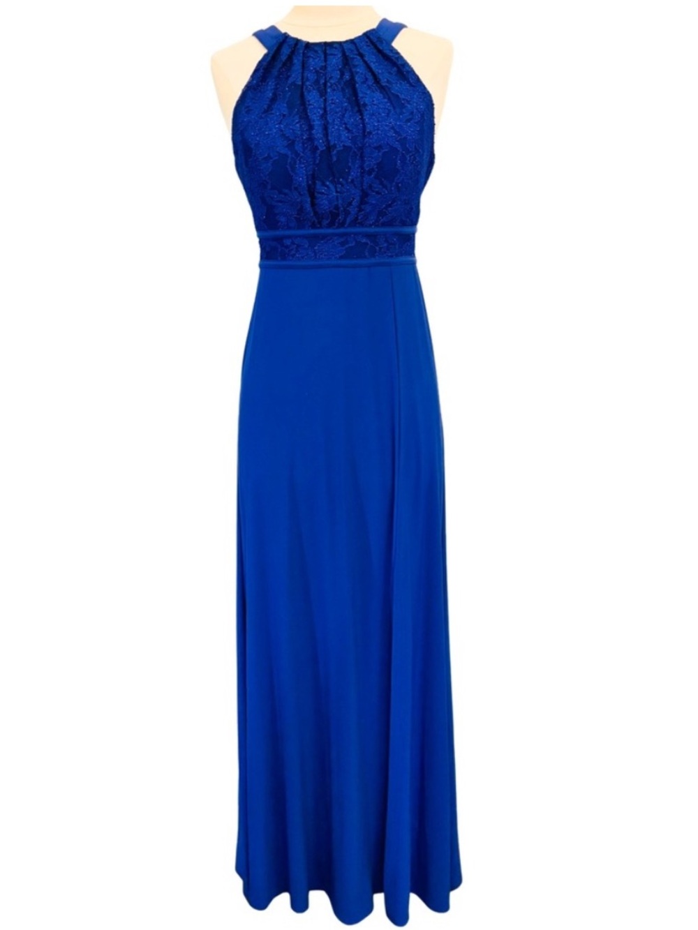 Nightway Electric Blue Lace Yoke Halter Maxi Formal Dress, Size 4 NWT